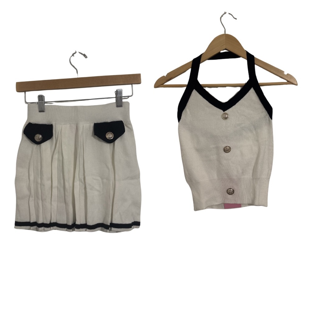 White Knit Halter Crop Top & Matching Pleated Skirt Set with Black Trim